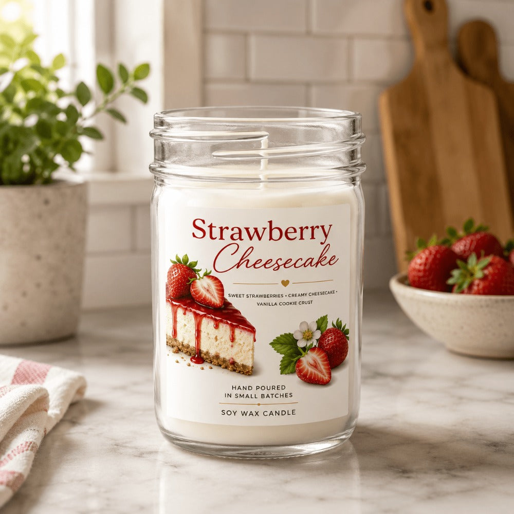 Strawberry Cheesecake Scented Soy Wax Candle ¨C 8oz Mason Jar, 30-40 Hour Burn, 100% Natural Vegan Soy Wax, Phthalate-Free Fragrance, Fall & Holiday Candle Gift, Food-Inspired Dessert Scent