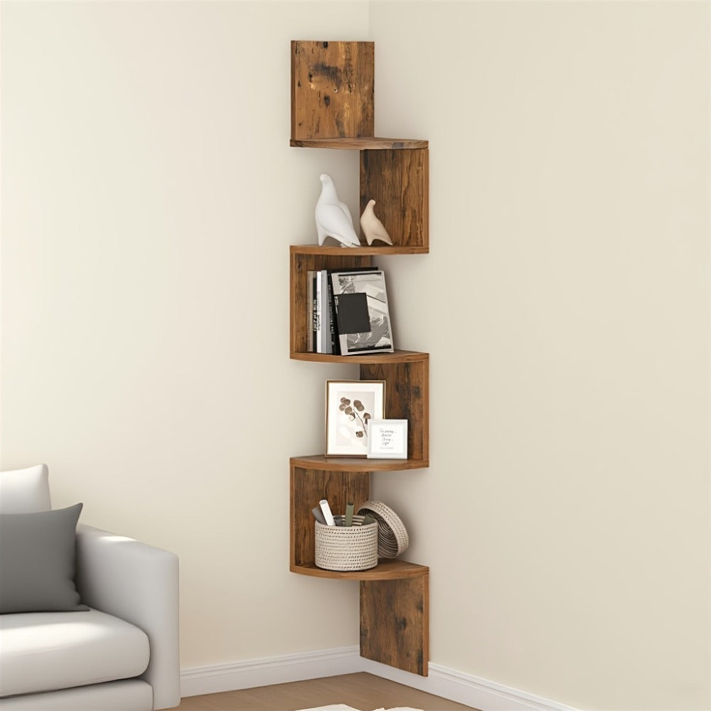 Corner Floating Shelf 5-Tier Wall Mount, Space Saving Storage Rack for Bedroom Living Room, Radial Display Organizer, Easy Install, 7.9¡±¡Á7.9¡±¡Á49.6¡±, Black White Brown Greige Beige