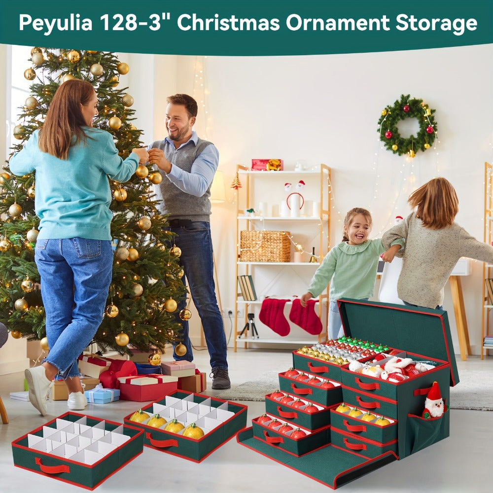 Christmas Ornament Storage Box 128 Slots 8 Trays Stackable Large Capacity Holiday Organizer with Lid Side Open Adjustable Dividers Removable Trays Red Green