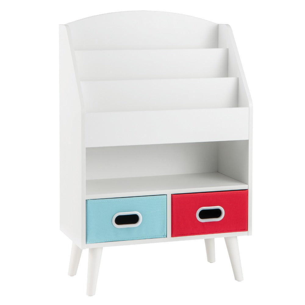 Kids Bookshelf 3-Tier with 2 Fabric Bins Open Compartments Anti-Tip Safety Design Sturdy MDF Children Book Organizer Display Rack for Playroom Nursery Classroom Bedroom Toddlers Age 3+
