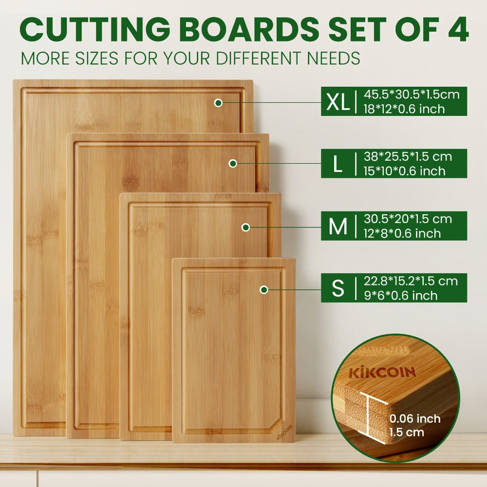 Bamboo Cutting Board Set 4-Piece Extra Large ¨C Heavy Duty Chopping Boards with Juice Grooves for Meat, Vegetables & Cheese | Essential Kitchen Tools | Mother¡¯s Day & Holiday Gift