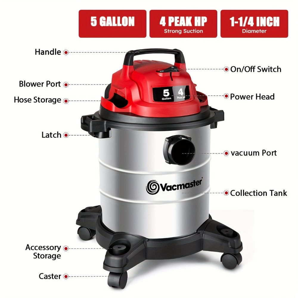 Wet Dry Vacuum Cleaner Shop Vac Stainless Steel 5 or 8 Gallon with Blower Function Powerful Suction for Garage Car Home Workshop and Pet Hair