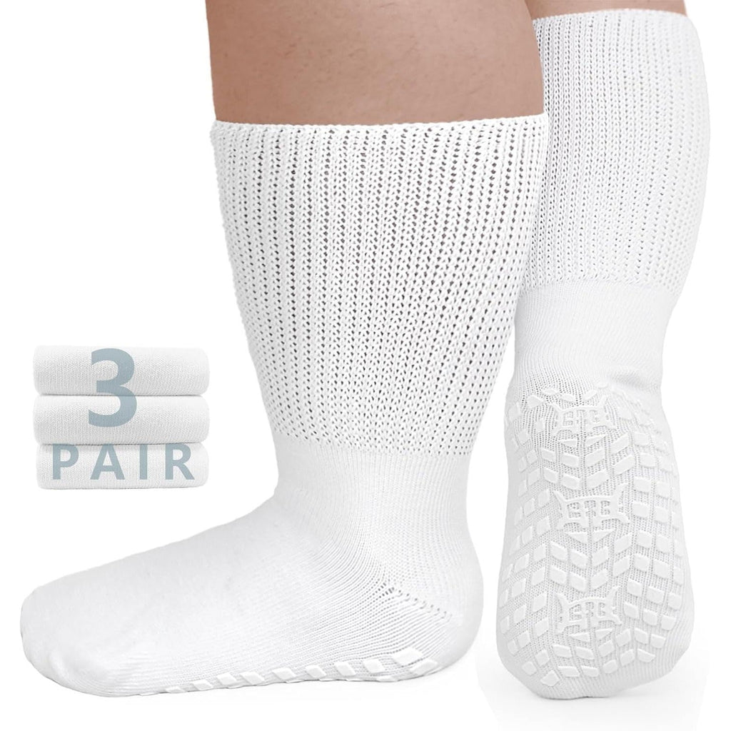 Anti-Slip Wide Socks for Swollen Feet 3 Pairs Grippy Sole Diabetic Non-Binding Breathable Edema Socks Reinforced Toe Heel Black White Grey Size 9-13 13-15