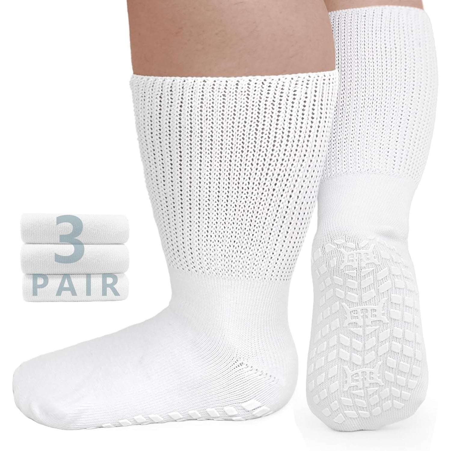 Anti-Slip Wide Socks for Swollen Feet 3 Pairs Grippy Sole Diabetic Non-Binding Breathable Edema Socks Reinforced Toe Heel Black White Grey Size 9-13 13-15