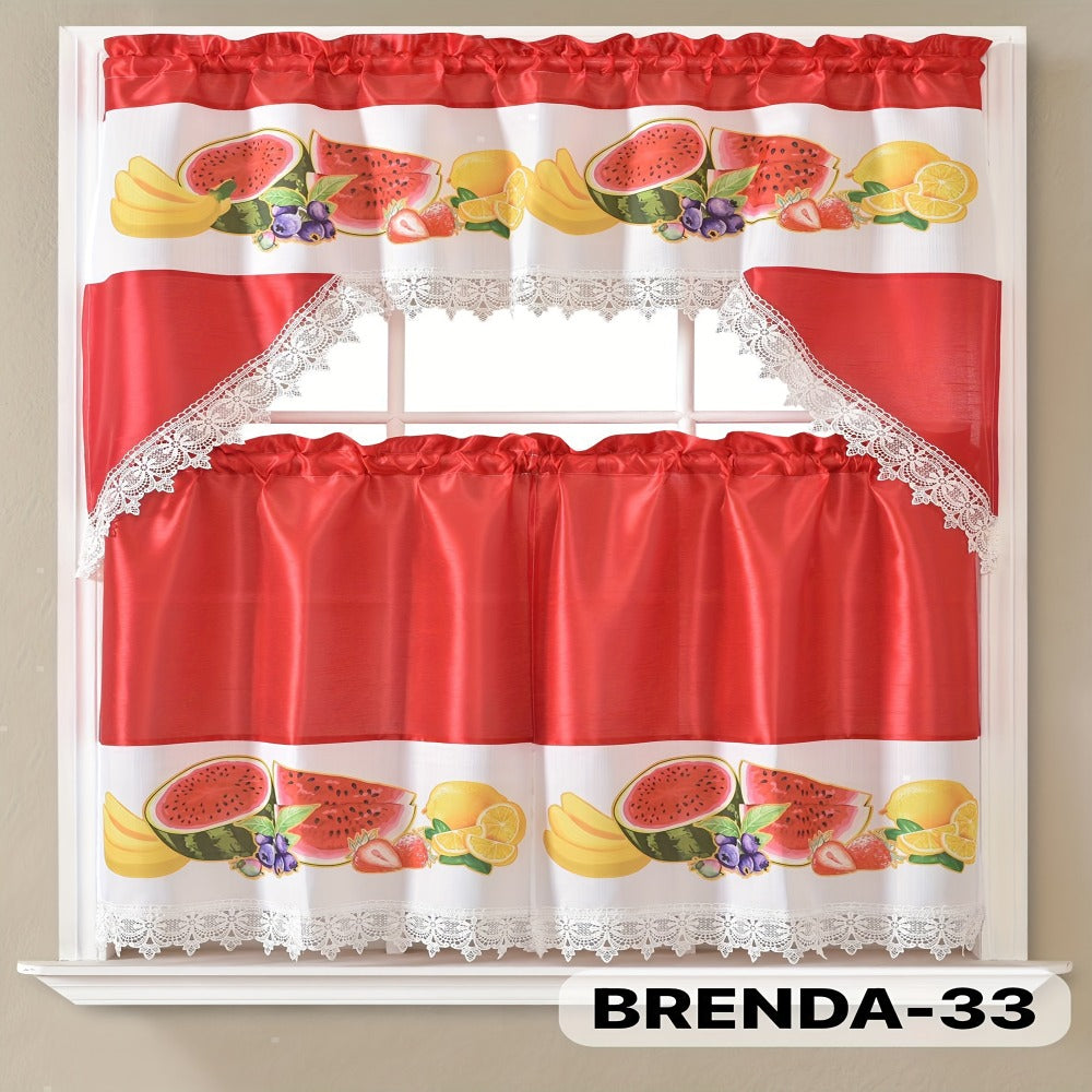 Kitchen Curtains 3 Piece Set Embroidered Satin Valance and Tiers - Rod Pocket Light Filtering Machine Washable 46 Colors Available All Season Home Decor