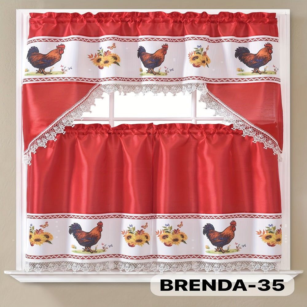 Kitchen Curtains 3 Piece Set Embroidered Satin Valance and Tiers - Rod Pocket Light Filtering Machine Washable 46 Colors Available All Season Home Decor