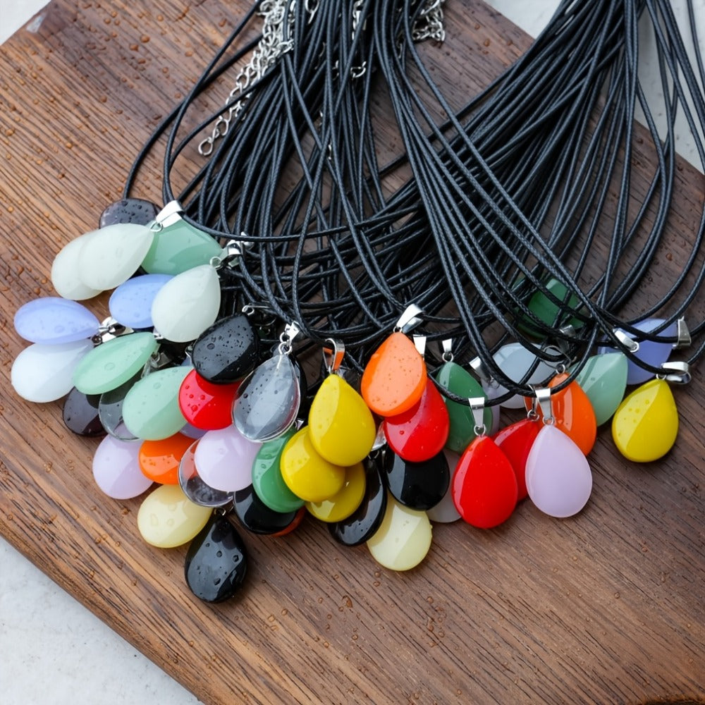 Crystal Pendant Necklace Set 40-Pack ¨C Multicolor Water Droplet Artificial Crystal Pendants with Faux Leather Cord, Fashionable Chic Jewelry for Festival, Party & Everyday Wear, Gift Idea