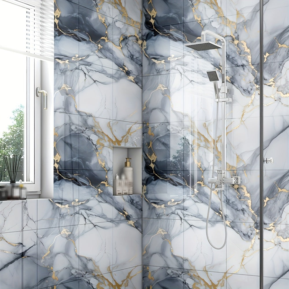 Peel and Stick Wall Tiles 50/100pcs - Waterproof PVC Marble Self-Adhesive Vinyl Panels for Bathroom Shower Kitchen Living Room TV Backdrop, Modern Wall Decor Easy Installation No Grout Required