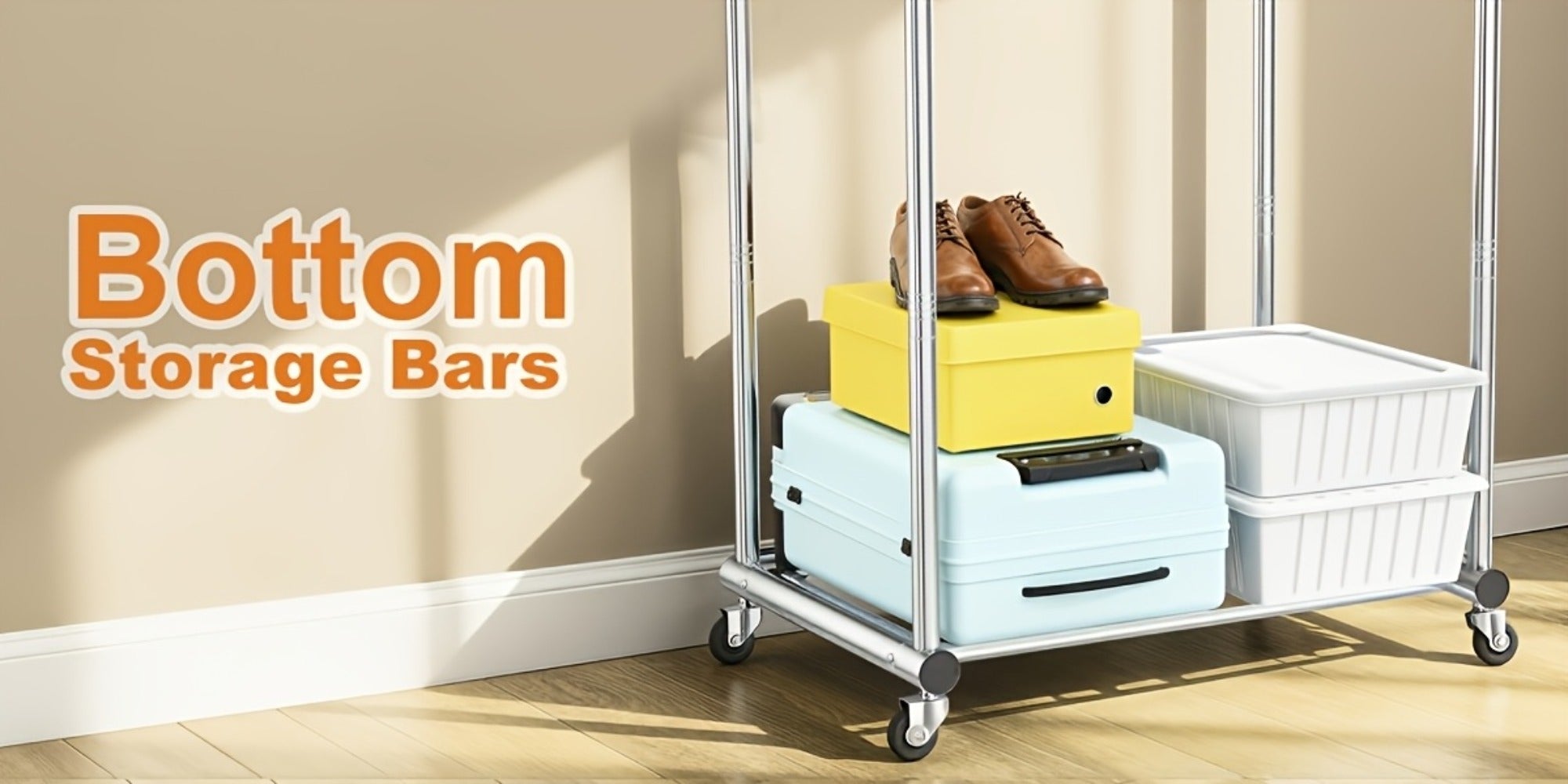 Portable Clothes Rack with Wheels ¨C Heavy Duty Double Rod Garment Rack with Shelves & Hooks | Metal Rolling Clothing Rack for Hanging Clothes | Multi-Functional Closet Rack for Bedroom & Laundry Room