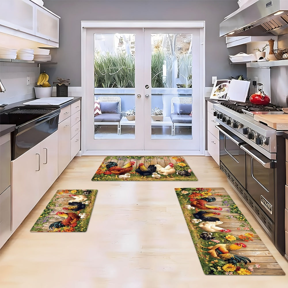 Rooster Kitchen Rugs Set 1/2/3/4pcs Vintage Farmhouse Anti-Slip Floor Mats for Kitchen Bedroom Bathroom Living Room Laundry Room Entrance