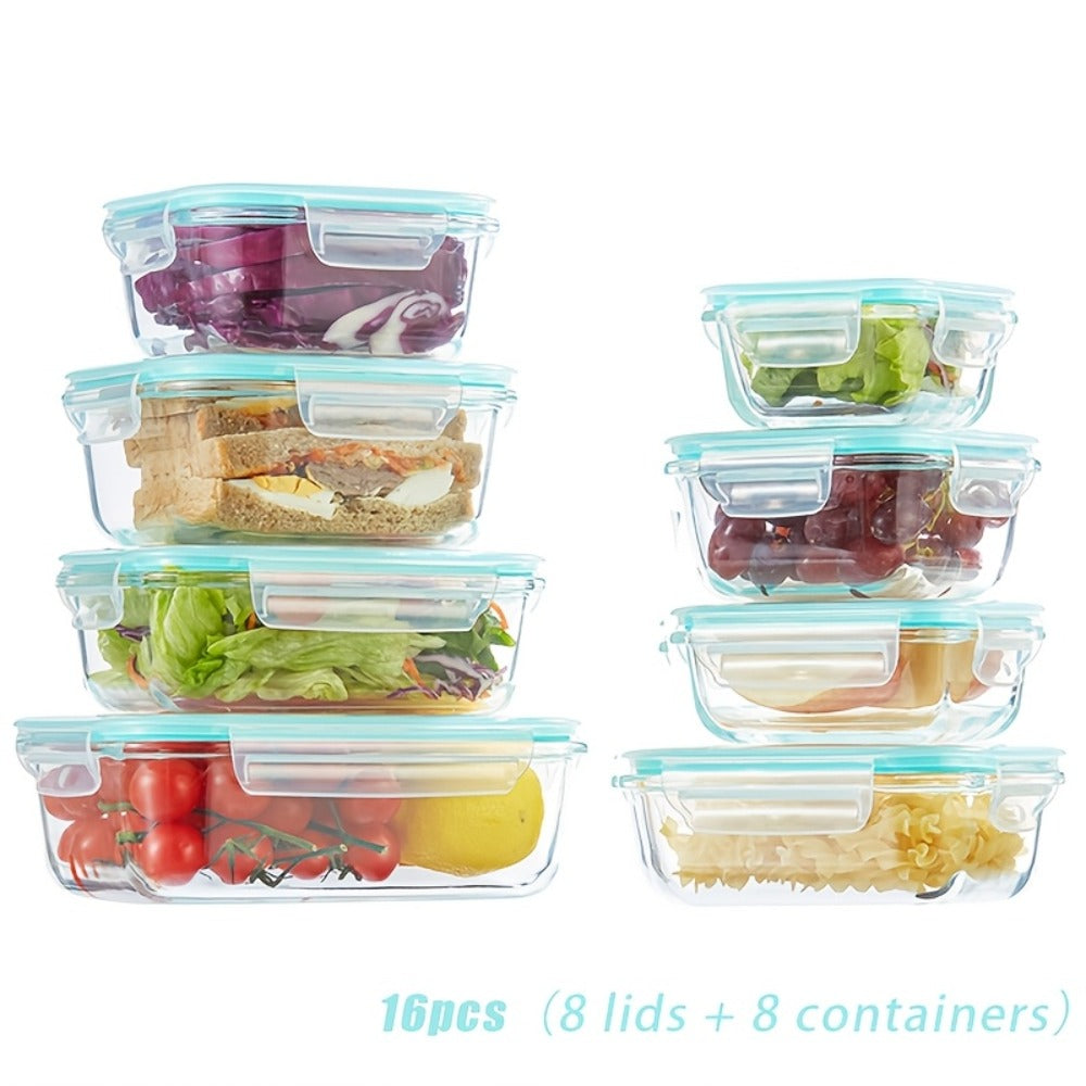 Glass Meal Prep Containers 16 Piece Set (8 Lids + 8 Containers) - Borosilicate Glass Food Storage with Leak Proof Lids, Oven Microwave Dishwasher Freezer Safe, BPA Free, Multiple Sizes