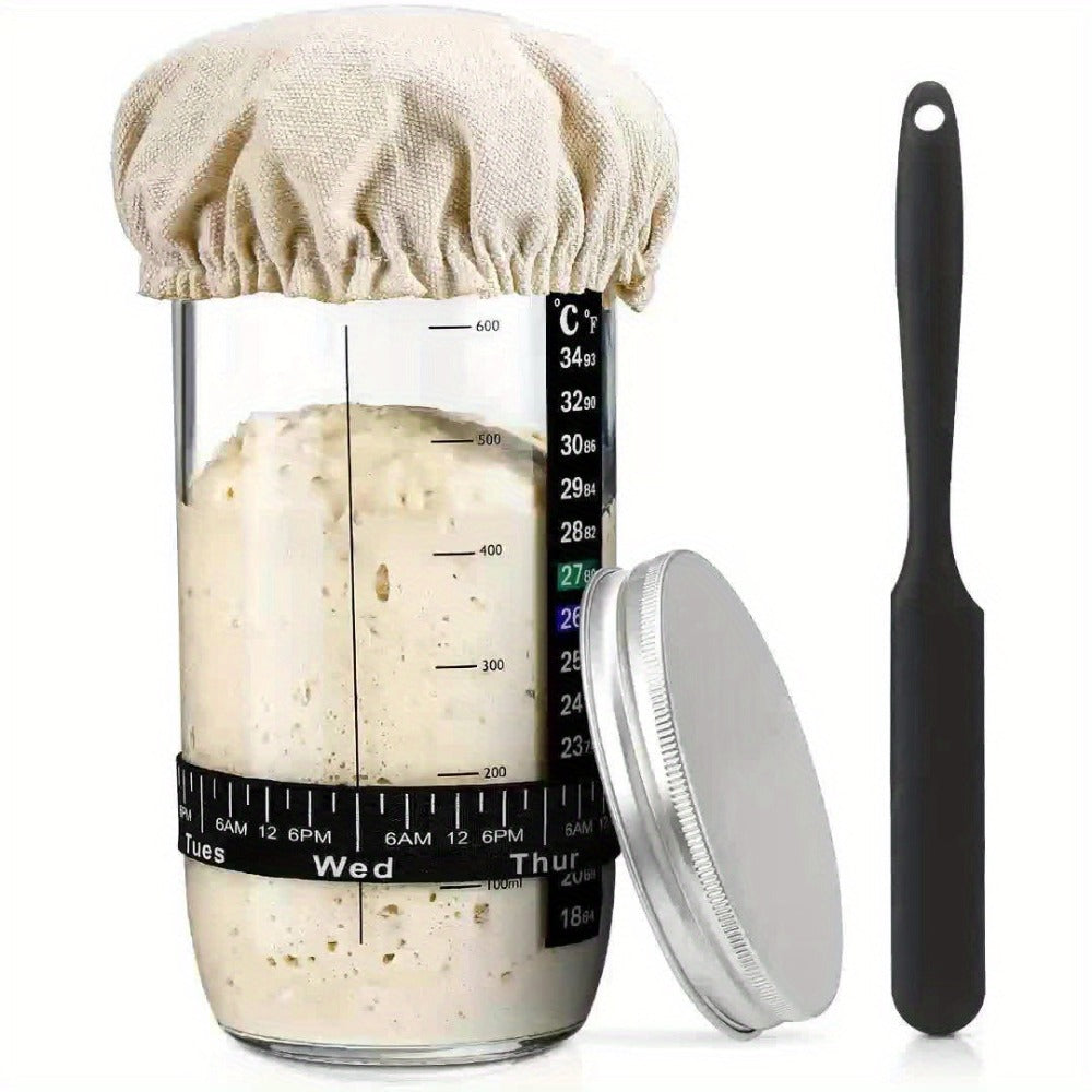 Glass Fermentation Jar Kit 24oz with Thermometer Scraper Cloth Lid Aluminum Lid and Auxiliary Label for Bread Baking Sourdough Juice Fermentation Available in 1 and 2 Pack