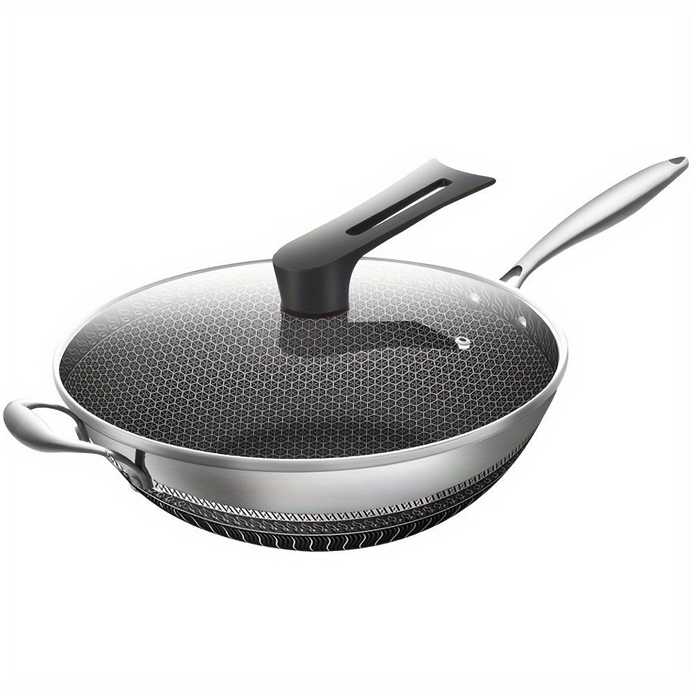 Stainless Steel Wok 13.3 Inch Honeycomb Non-Stick with Lid Spatula & Pot Brush ¨C All Cooktop Compatible Stir Fry Pan | Induction Gas Electric Ceramic | Complete Kitchen Wok Set Cooking Accessories