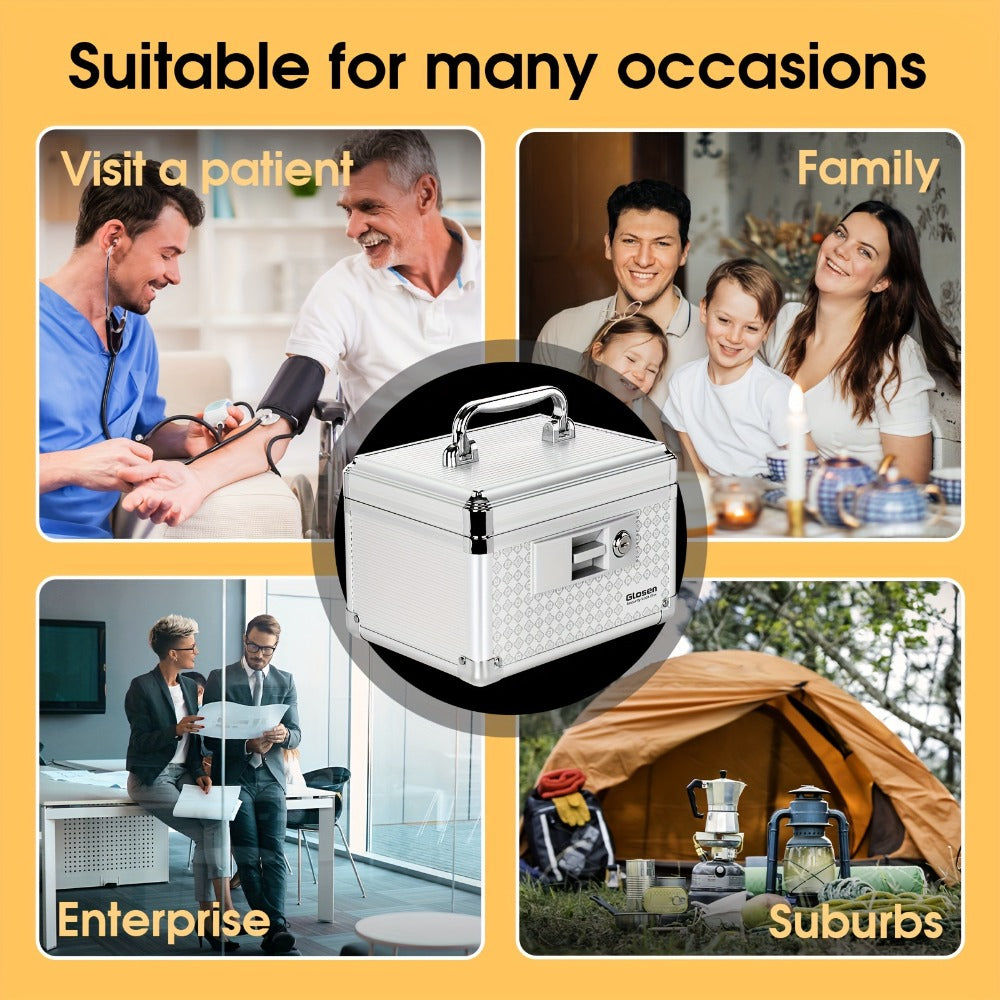 Locking Medicine Storage Box Aluminum Alloy with Key Lock & Handle ¨C High-Capacity Family Medicine Organizer, First Aid Lockbox for Home, Travel & Office, Small & Medium