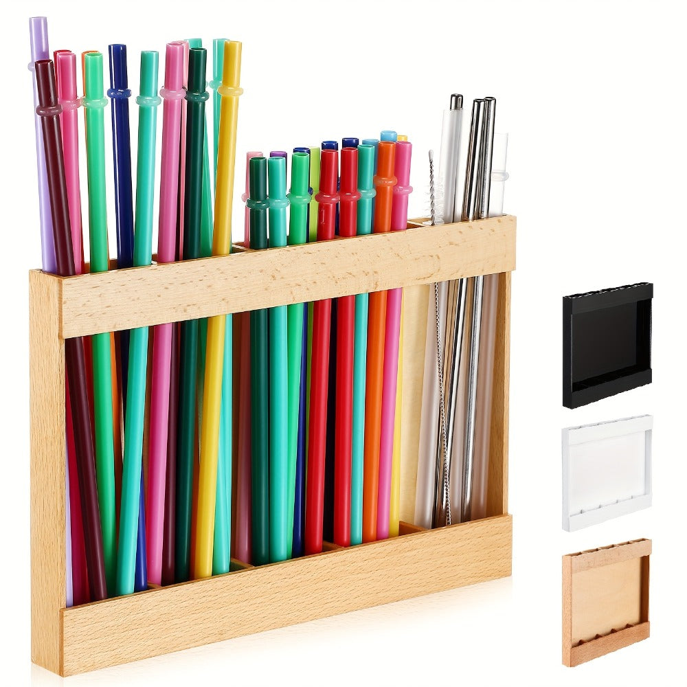 Wooden Straw Holder for Cabinet Door 9.8 Inch Acacia Wood Straw Dispenser Wall Mount Reusable Straw Storage Box for Kitchen Counter Cupboard Organizer