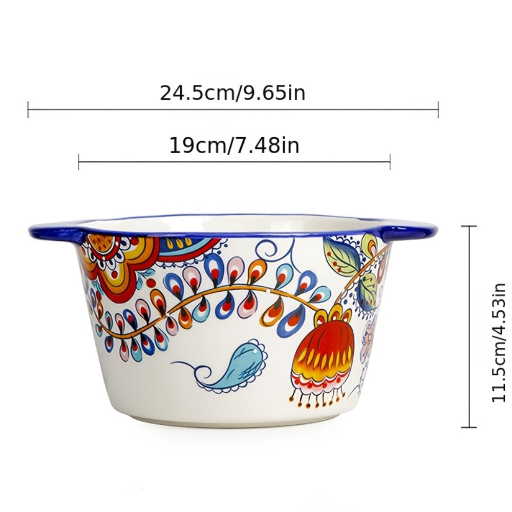 Giant Ceramic Extra-Deep Serving Bowl With Handles, 101oz, Bohemian Hand-Painted, Chip-Resistant, Microwave Dishwasher Oven Safe, Soup Salad Ice Cream Bowl, Family Kitchen Serving Set, Wedding Gift (2pcs)