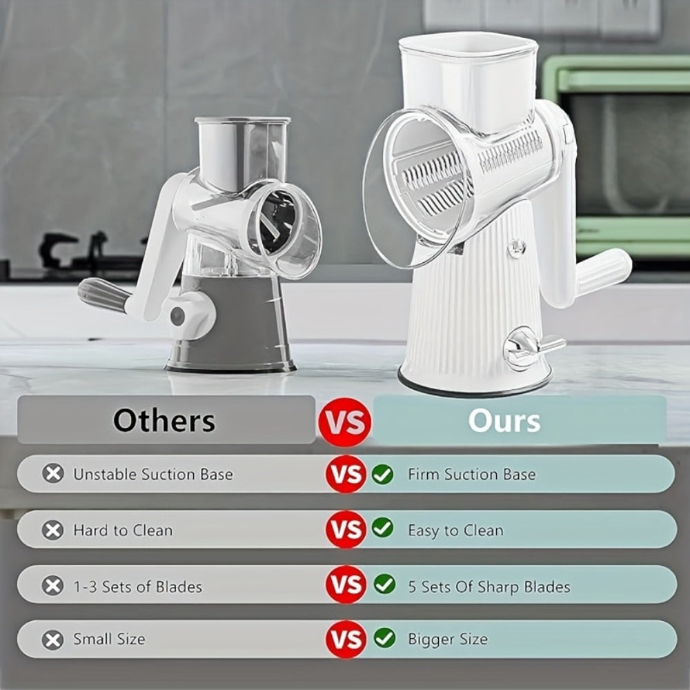 Rotary Cheese Grater with Interchangeable Blades ¨C 5-in-1 Manual Vegetable Slicer Shredder Set, Suction Cup Base, Easy to Clean, Multifunctional Kitchen Tool for Fruits, Vegetables & Nuts