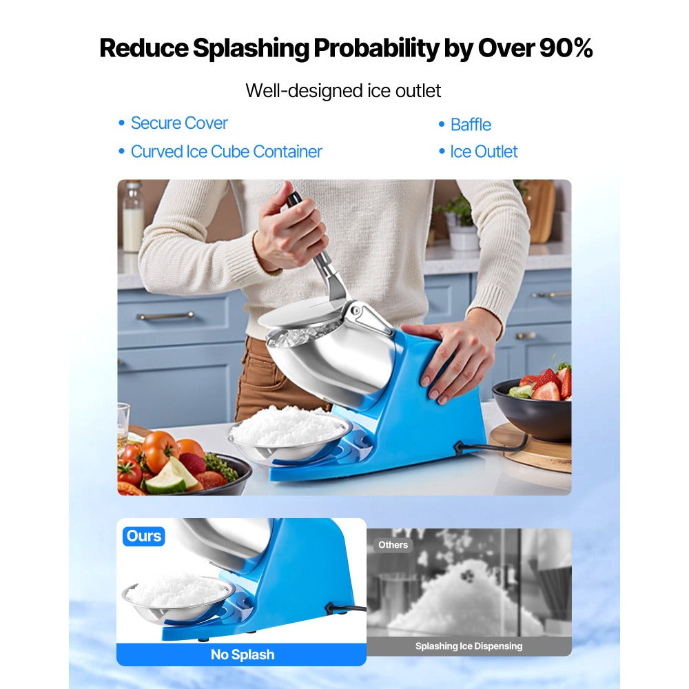 Electric Ice Crusher 300W Snow Cone Maker Shaved Ice Machine 286 lbs/h 4 Stainless Steel Blades Anti-Splash One-Touch Operation for Home Bar Office Dorm