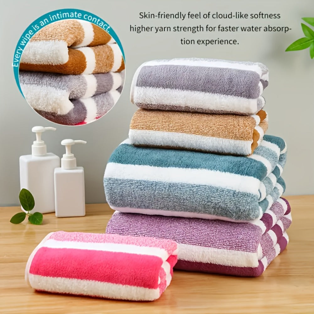 Coral Fleece Towel Set 9 or 15 Piece No Hair Loss 320GSM - Super Soft Absorbent Two-Color Striped | 2 Bath 2 Face 5 Hand Towels | Gray Brown Red Green Blue Mixed | Bathroom Beach Essentials