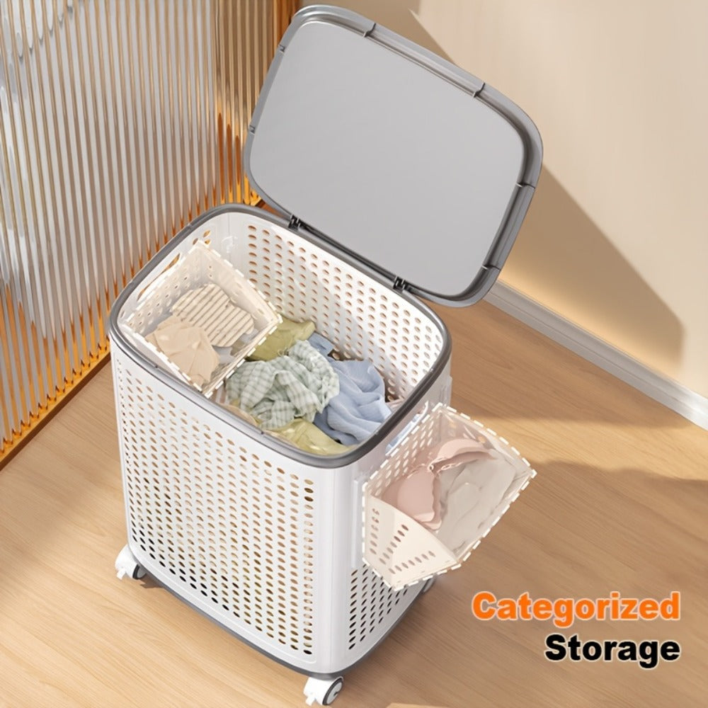 Rolling Laundry Basket with Lid and Wheels ¨C Large Foldable Ventilated Storage Bin with Lockable Casters, Removable Inner Basket for Underwear, Space-Saving Clothes Hamper for Bedroom & Bathroom