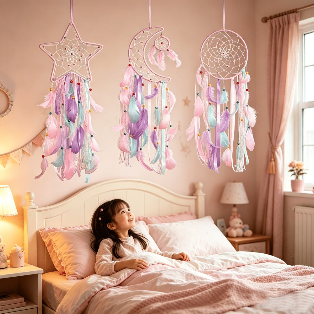 Dream Catcher Set of 3 - Moon Sun Star Wall Hanging Decor for Bedroom, Boho Room Decor for Teen Girls Kids, Princess Bedroom Decoration, 8 Inch Metal Hoop, Pink White Black Brown, Nursery Wall Art Gift