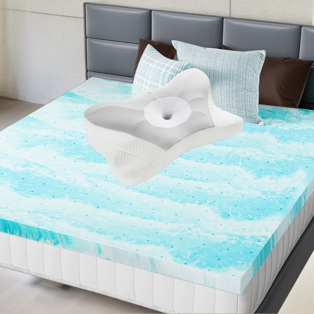 Cooling Gel Swirl Mattress Breathable Lightweight Comfort Foam Bed - Twin Full Queen King + Ergonomic Foam Neck Support Pillow - Choose Mattress Thickness 2in 3in or Gray Pillow Separately or Combined
