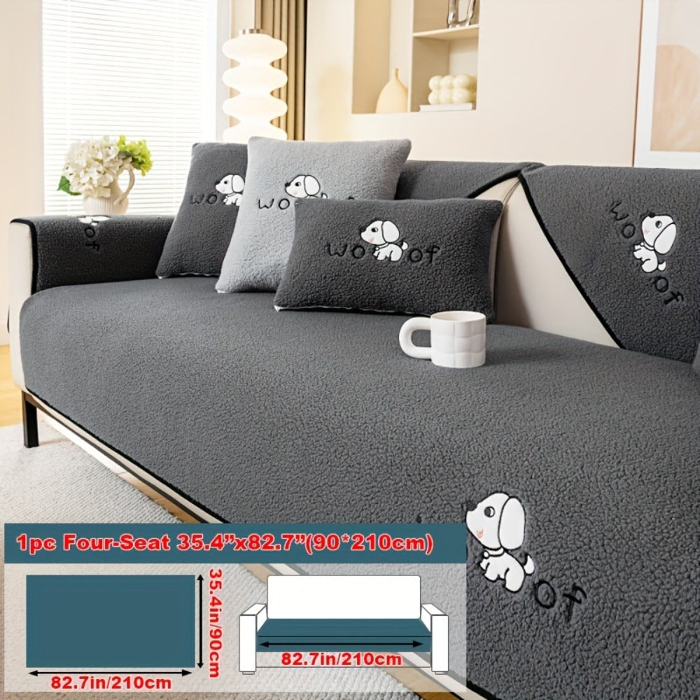 Sherpa Plush Sofa Cover Non-Slip | Thick Fleece Couch Protector, Pet Friendly Furniture Shield, 1 to 4 Seat, Armrest Backrest Pillowcase, Deep Gray Light Gray Coffee Off White