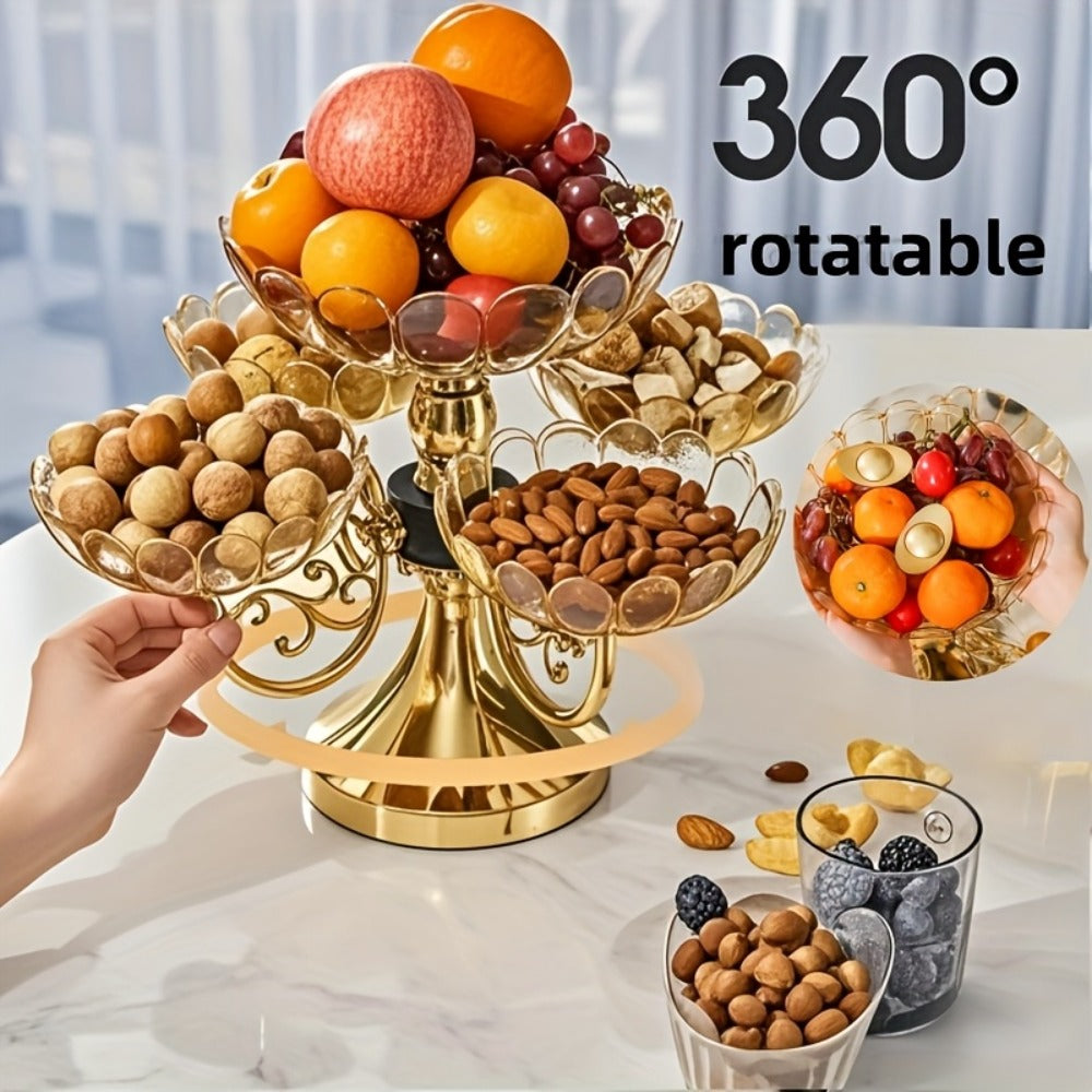Crystal Rotating Fruit Plate Set 5-Tier ¨C Luxury Round Multi-Layer Snack Candy Dish Bowl for Living Room Coffee Table Home Decor European Style Elegant Dessert Display Centerpiece Gift