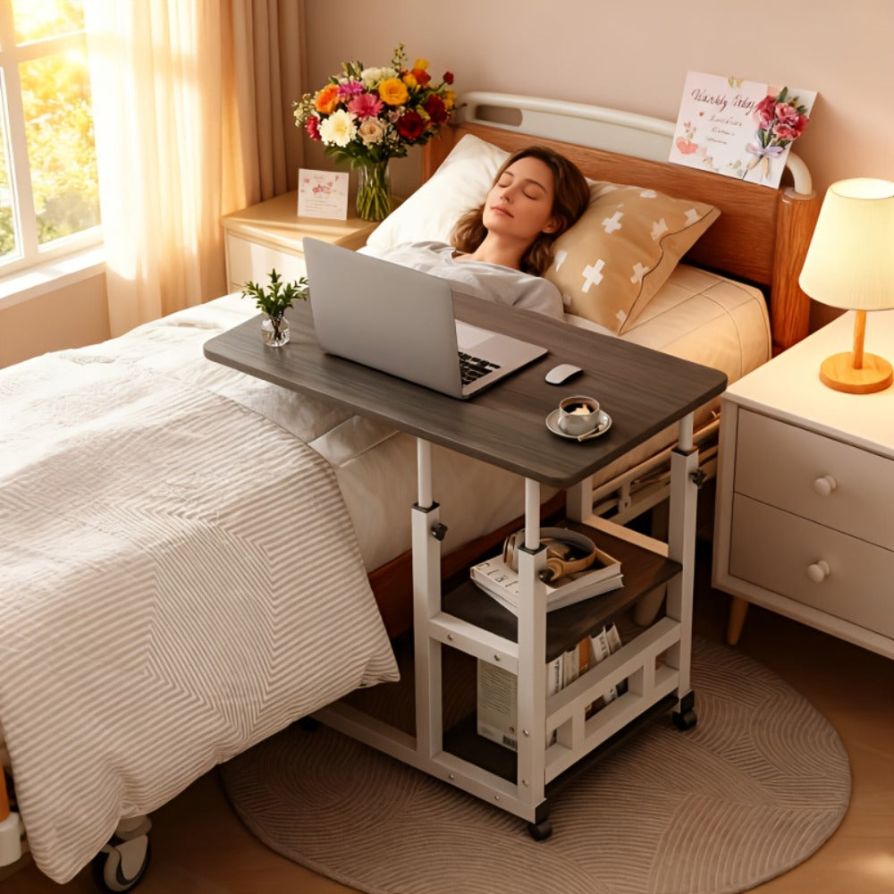 Rolling Overbed Table with Brake Wheels ¨C Adjustable Height Bedside Nursing Dining Table for Elderly & Patients | Lockable Caster Wheels, Over-Bed Card Tray Design, 4 Colors, Practical Gift