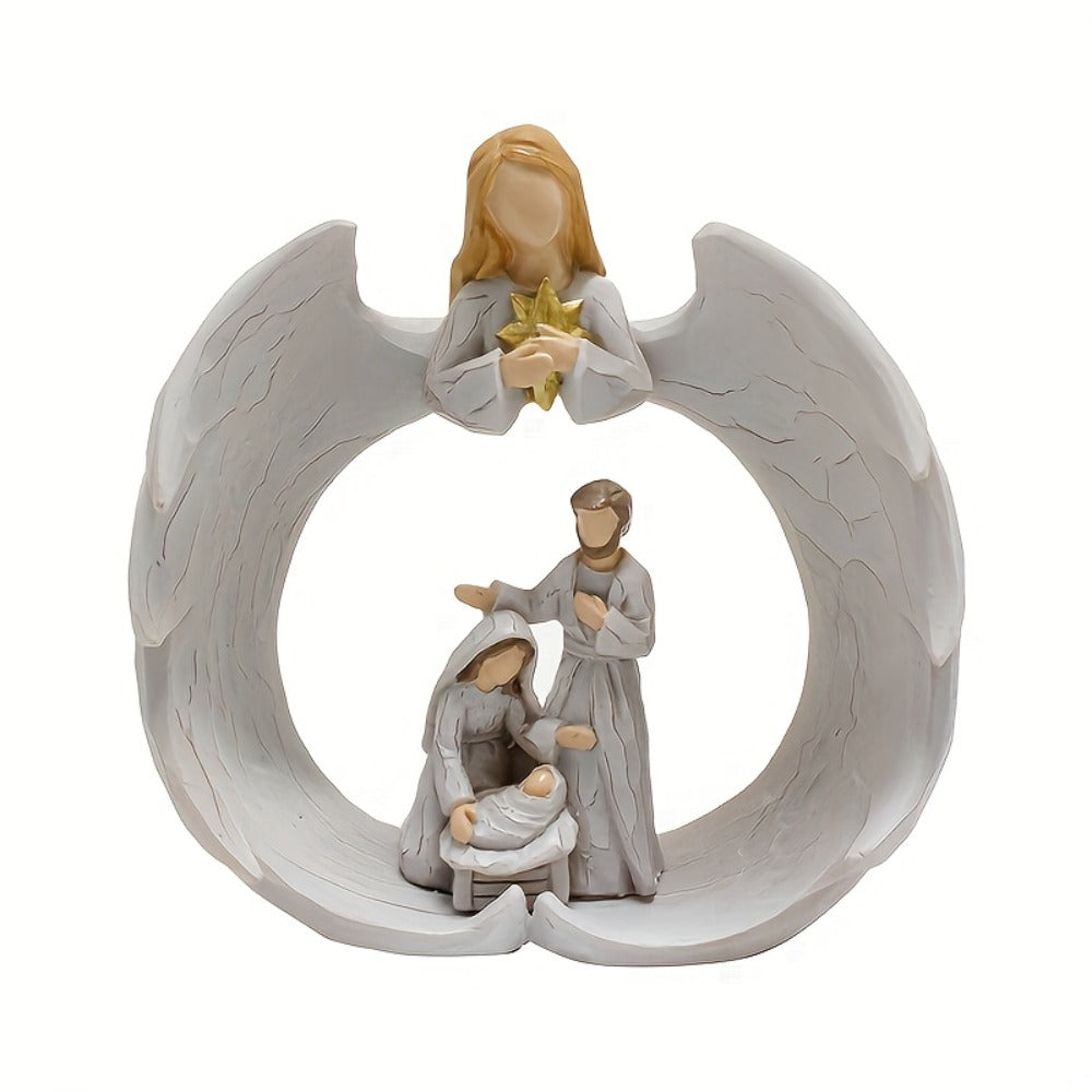 Nativity Scene Statue - Holy Family & Angel White Resin Figurine | Beautifully Crafted Religious Decor for Christmas, Easter & Holiday Indoor Decoration | Glam Faith Home Accent Gift