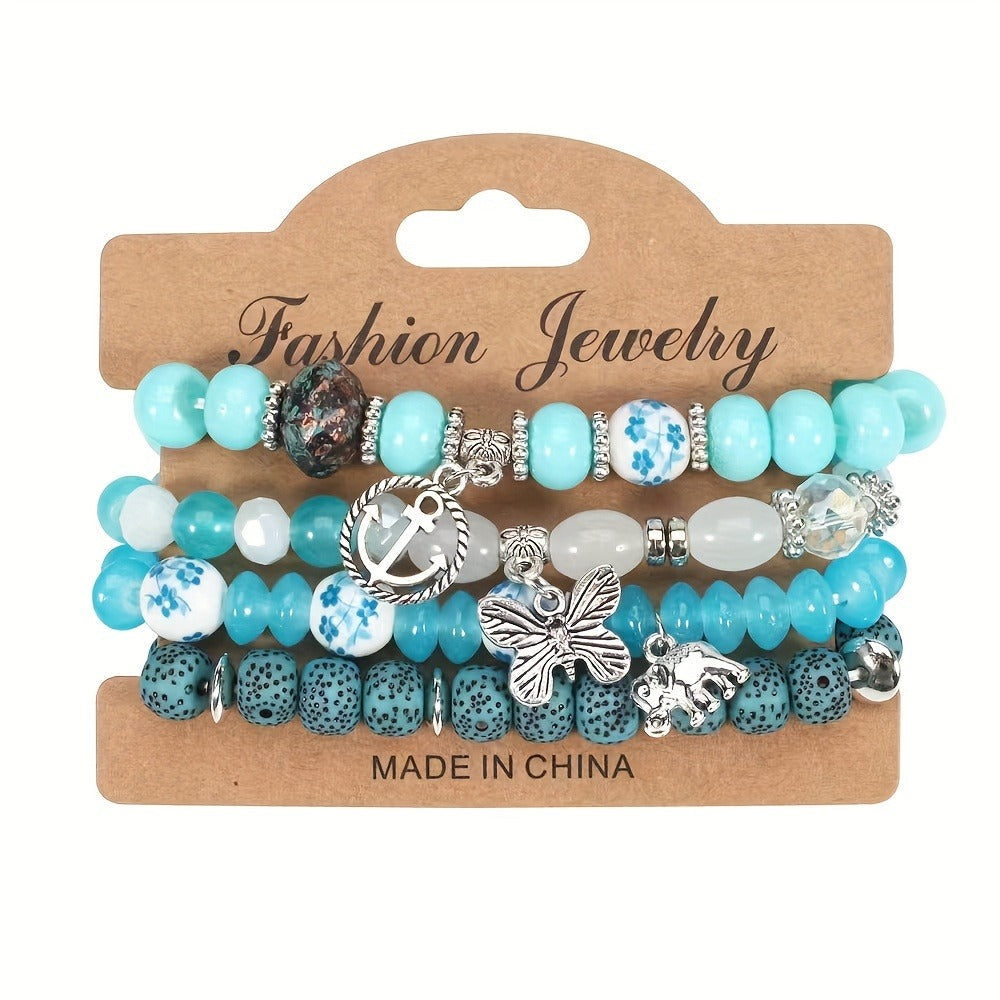 Bohemian Beaded Bracelet Set 24pcs ¨C Multi-Layer Wooden Bead Elastic Bracelets with Butterfly Elephant Tree Pendant, Handmade Colorful Tassel Wristbands for Women Men, Party Gift & Daily Wear
