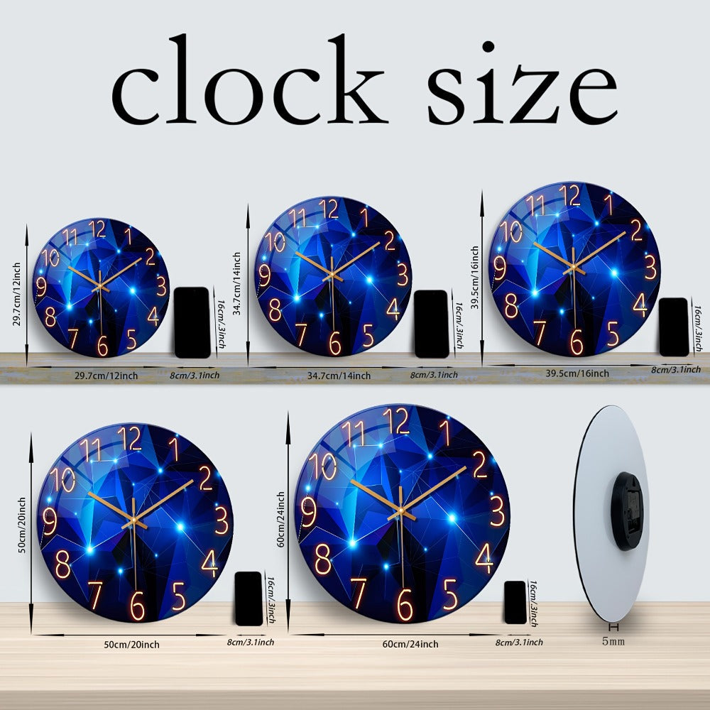 Modern Blue Glass Wall Clock Silent Non-Ticking Quartz Movement Battery Operated Tempered Glass Large Wall Clock for Living Room Bedroom Office Home Decor Gift