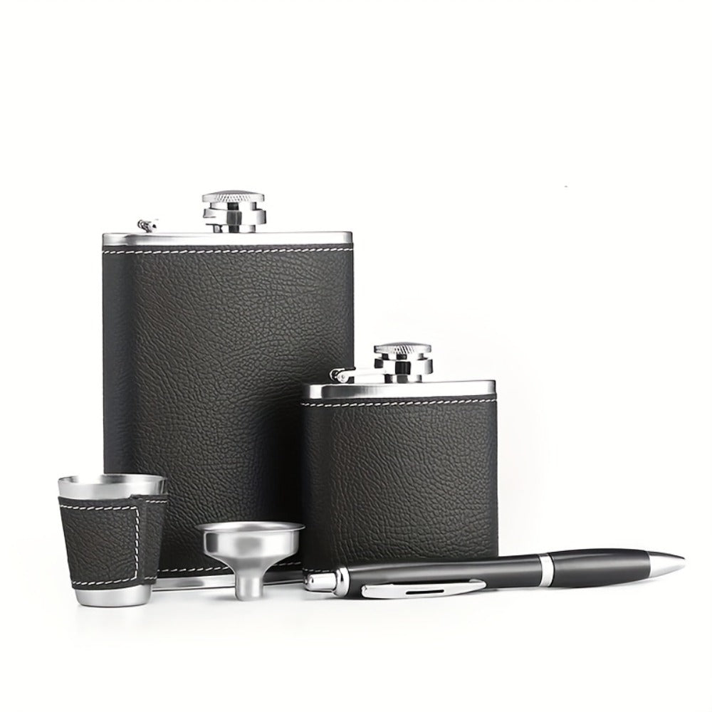 Stainless Steel Whiskey Flask Gift Set with Cup Filter & PU Leather Cover ¨C 8.1oz + 3oz Dual Bottle Bar Gift for Men