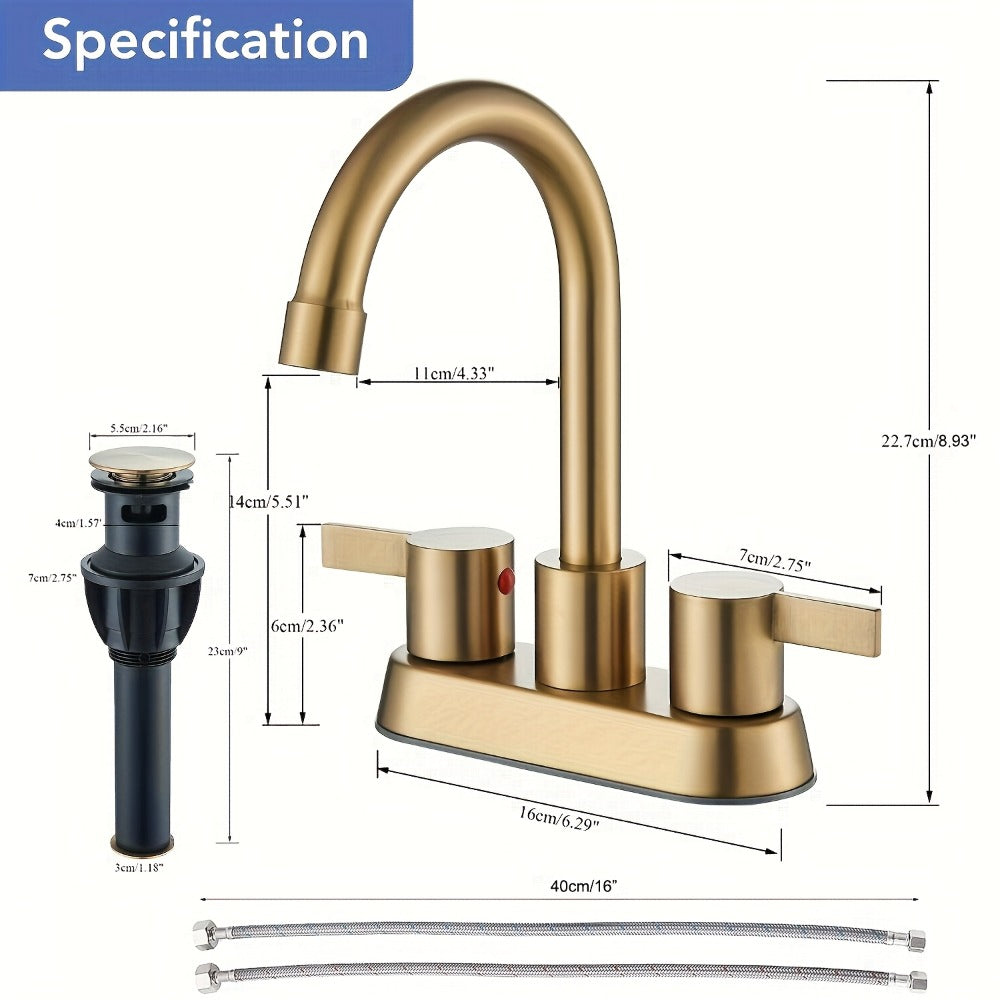Bathroom Faucet 4-Inch 2-Handle Centerset ¨C 360¡ã Swivel Spout, Pop-Up Drain & Supply Lines Included, 2-3 Hole Vanity Sink Faucet for RV & Home, Brushed Gold, Matte Black, Nickel & Chrome