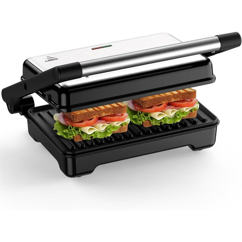 Panini Press Sandwich Maker 1200W, Non-Stick Cast Aluminum Grill with 180-Degree Opening, 2-Slice Panini Maker with Indicator Lights, Even Heat Distribution for Sandwiches Steaks Waffles