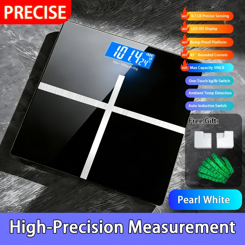 Digital Bathroom Scale with LCD Temperature Display ¨C 396 lb High-Precision Weight Scale, KG/Pounds Switchable, Wide Non-Slip Platform, Available with HD LED Upgrade, Waist Strap & Storage Rack