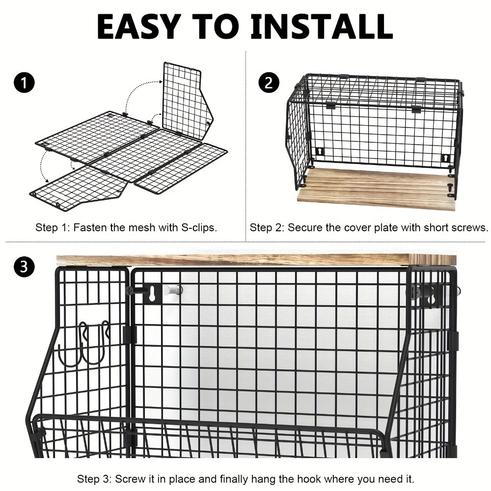 Stackable Metal Wire Fruit Basket with Lid ¨C 1 or 2-Tier Hanging Kitchen Pantry Storage Bin, Wall-Mounted or Countertop Vegetable Organizer for Potato, Onion & Produce, Black