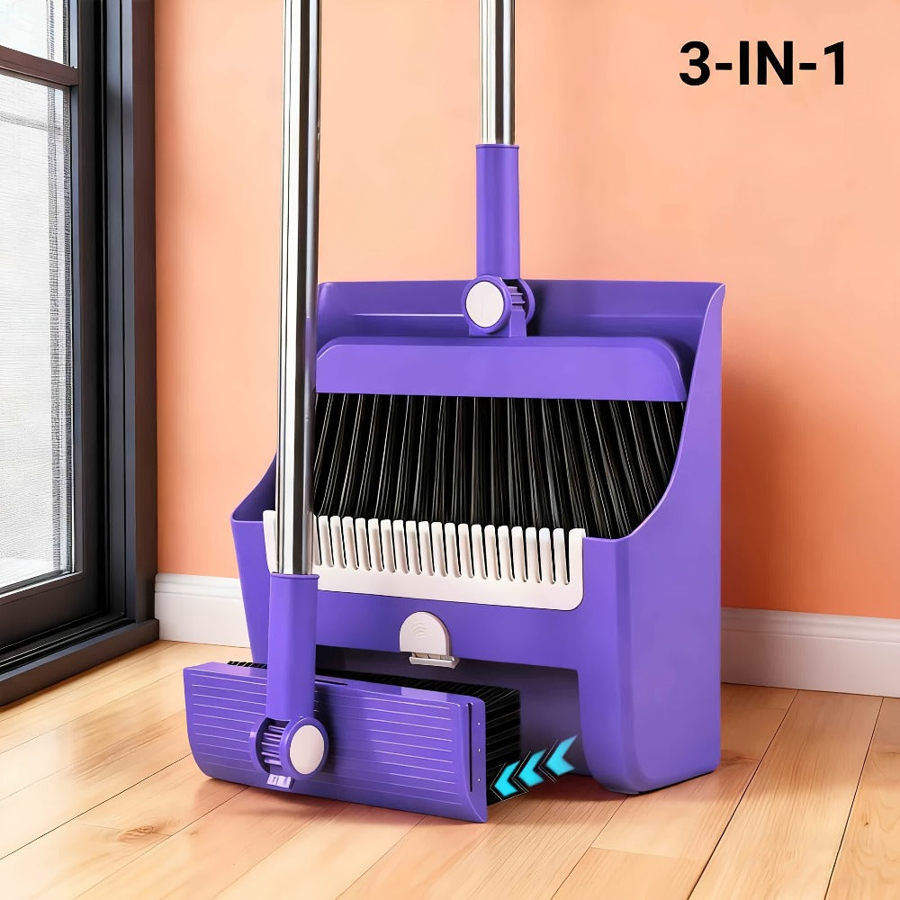 Broom and Dustpan Set with Long Handle - 2-in-1 3-in-1 4-in-1 Foldable Broom Dustpan Combo with Floor Brush for Home Office Dorm Room, Quick Dust Removal Household Cleaning Tool Set, White Pink Blue Orange Purple Grey