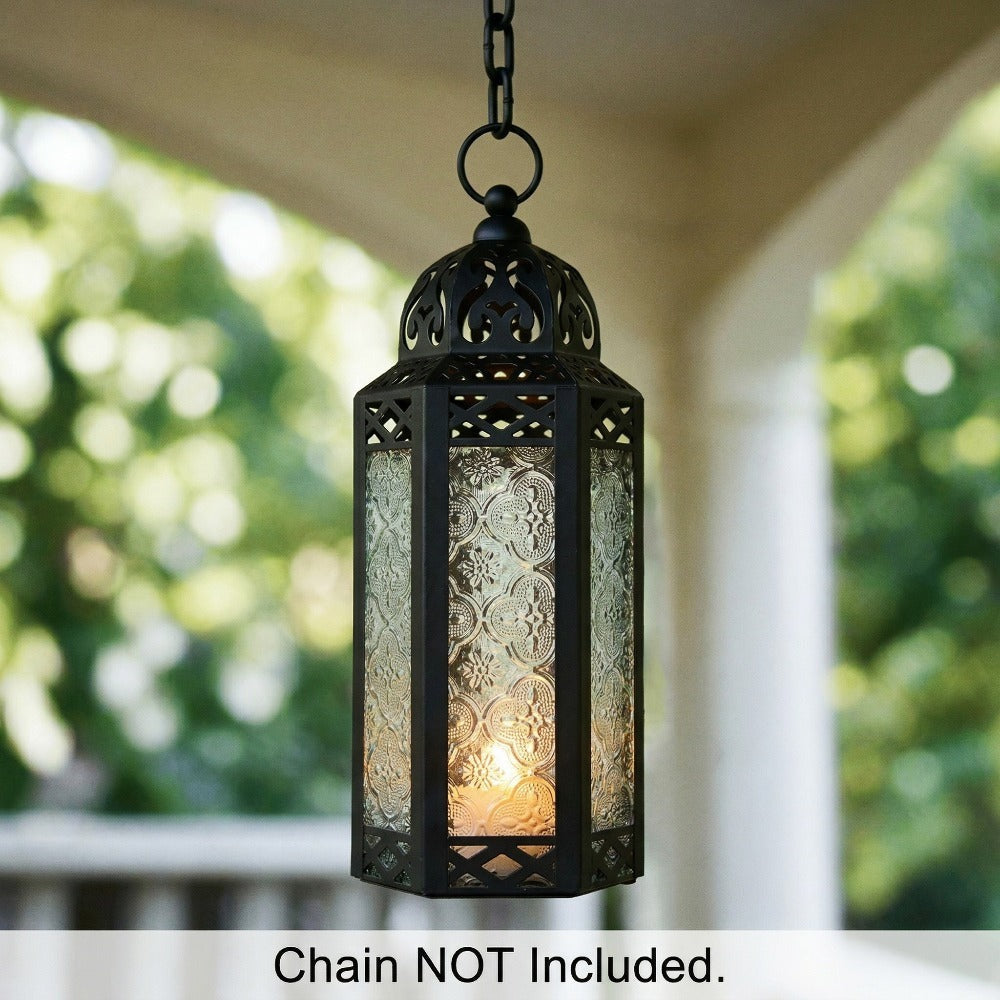 Moroccan Candle Lantern Holder - Decorative Metal & Glass Lantern with Embossed Floral Design for Indoor Home Decor, Garden, Patio, Weddings, Ramadan, Halloween & Holiday Celebrations - 10.5¡± Tall Medium Size