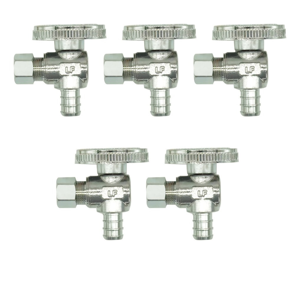 PEX Angle Stop Valve 5pcs - 1/2¡± PEX x 3/8¡± OD Compression, 1/4 Turn Shut-Off Valve, Lead-Free Chrome Brass, ASTM F1807 NSF/ANSI 61 Certified, for Bathroom Toilet Sink Plumbing