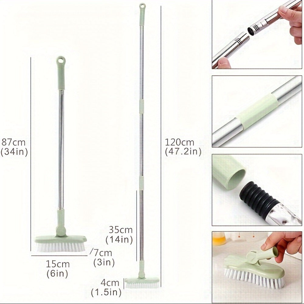 Long Handle Floor Brush with Rotating Head ¨C Bathroom Tile Scrubber, Adjustable Rod, Kitchen & Bathtub Cleaning Brush, 120cm/47in, Green