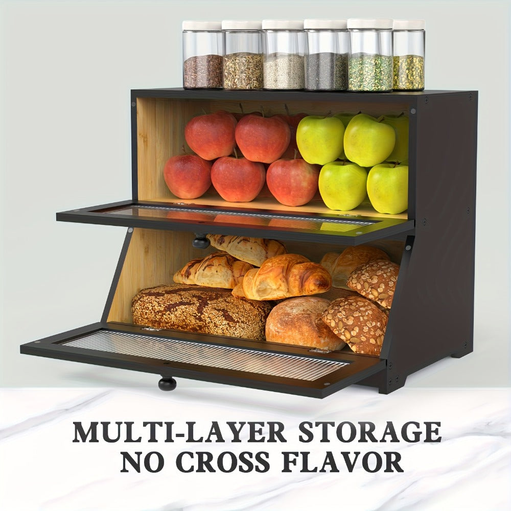 Bamboo Bread Box for Kitchen Counter ¨C Double Layer Large Capacity Bread Storage Container with Window, Farmhouse Bread Holder for Loaves, Pastries & Bagels, Countertop Organizer