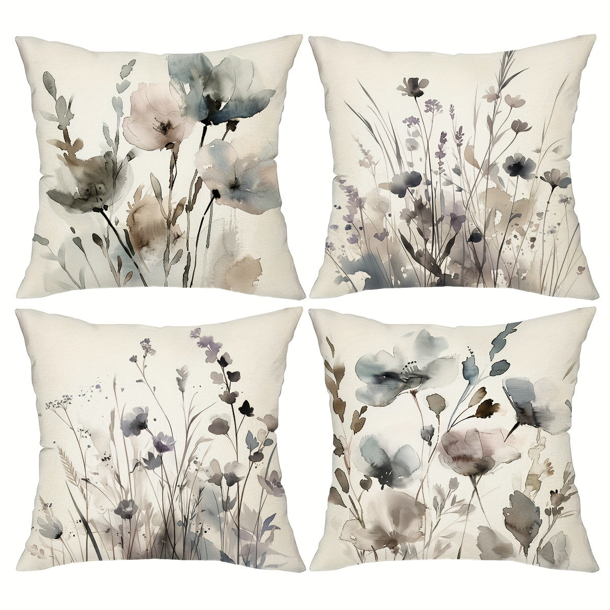 Throw Pillow Covers Set of 4 Boho Poppy Flowers Watercolor Chinoiserie Decorative Cushion Covers 18x18 Inch Soft Farmhouse Pillow Cases for Sofa Bedroom Office Car Home Decor