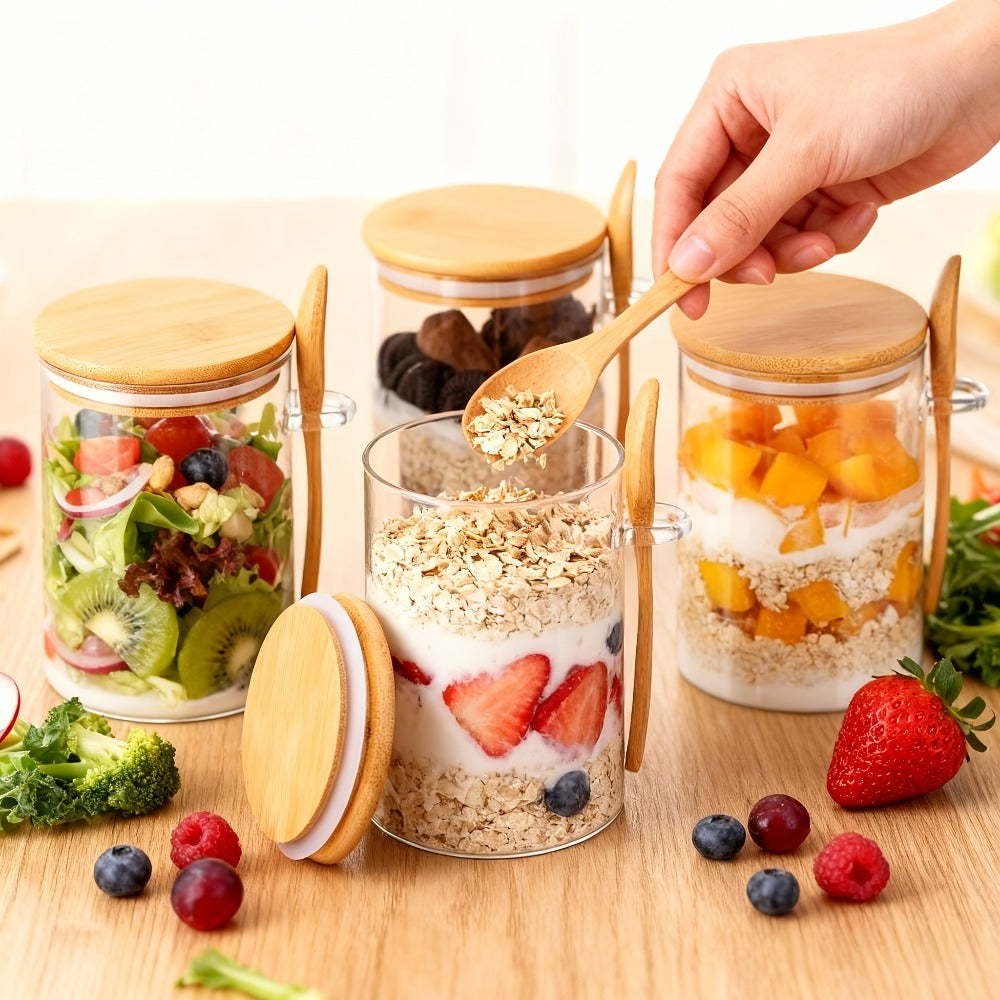 Overnight Oats Glass Jar with Lid and Spoon - 16oz Meal Prep Breakfast Container for Oatmeal Yogurt and Smoothies, Large Capacity Clear Glass Jar Set for Kitchen Meal Prep and Food Storage, Available in 4 or 8 Piece Sets