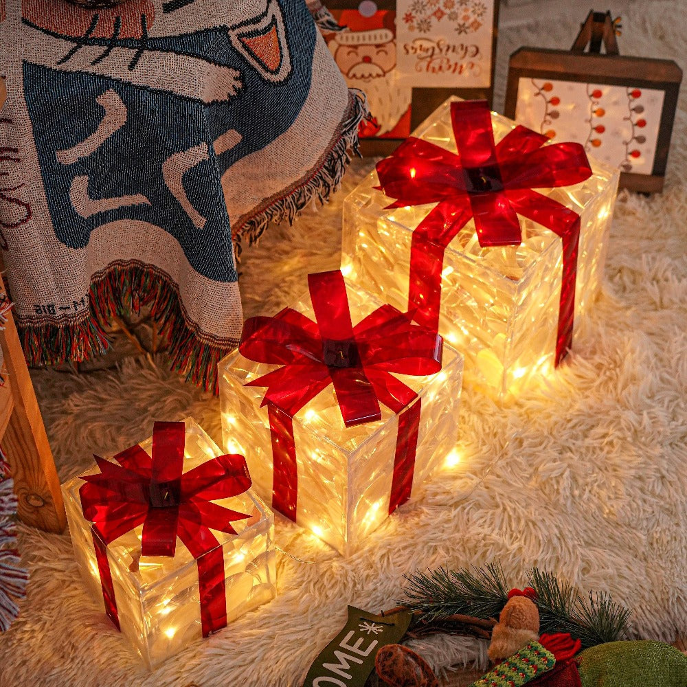 Christmas Light-Up Gift Boxes Set of 3 ¨C USB & Battery LED Warm White Lighted Decorations with Timer, 8 Lighting Modes, Red Bow, Indoor Outdoor Holiday Home Decor