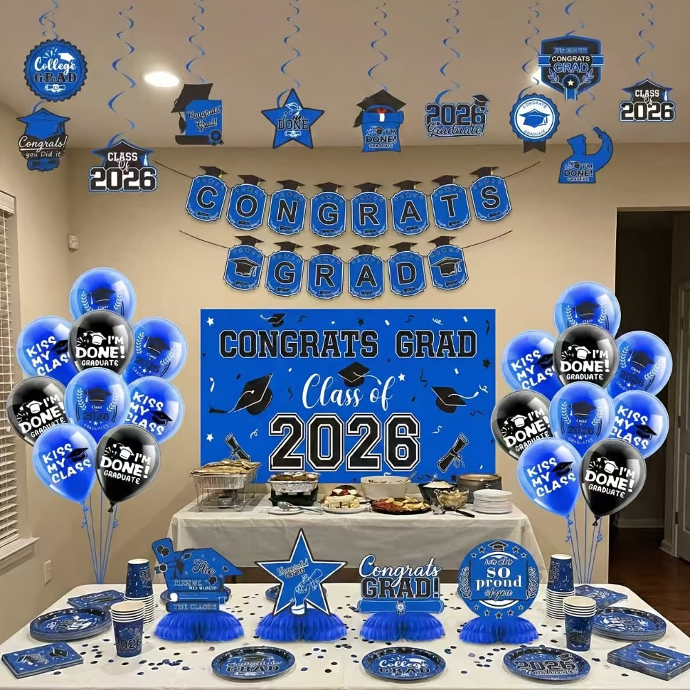 2026 Graduation Decorations Set ¨C Congrats Grad Banner, Backdrop, Hanging Swirls & Honeycomb Table Toppers, Class of 2026 Party Supplies Kit