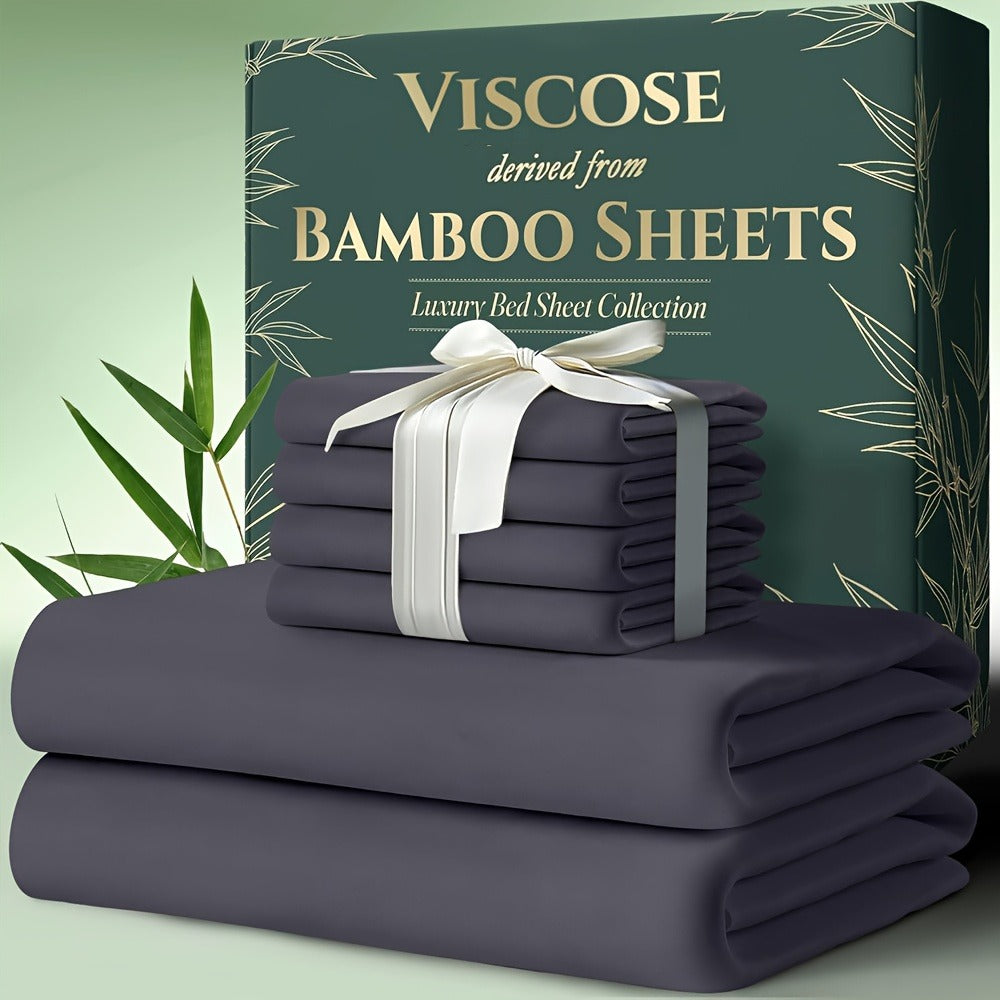 Cooling Bamboo Bed Sheet Set 6pcs Ultra Soft Deep Pocket 17 Inch Double Stitching Breathable Sheets for Hot Sleepers Twin Full Queen King