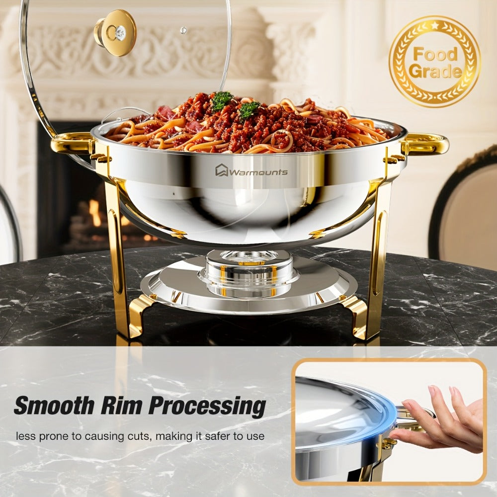 Gold Chafing Dishes Buffet Set 5QT Round Stainless Steel Food Warmer with Glass Lid Lid Holder Mirror Polished for Wedding Party Catering Events - 2 Pack or 4 Pack Chafer Buffet Server