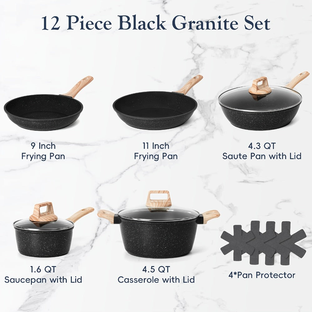 Pots and Pans Set 12-Piece Non-Stick Kitchen Cookware ¨C Complete Cooking Set with Frying Pan | Durable Even-Heating Non-Stick Coating | Available in Black & White | Home Kitchen Essentials