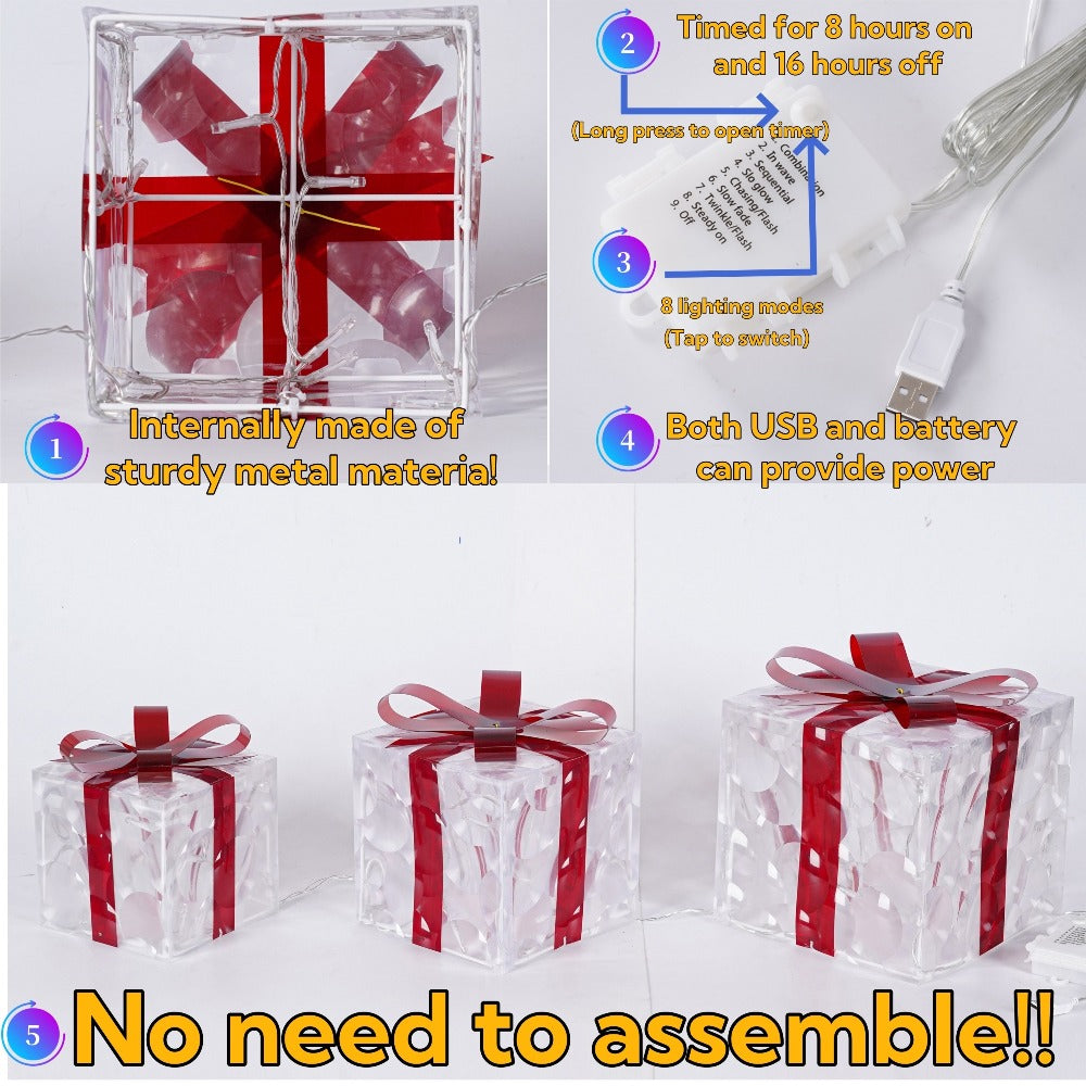Christmas Light-Up Gift Boxes Set of 3 ¨C USB & Battery LED Warm White Lighted Decorations with Timer, 8 Lighting Modes, Red Bow, Indoor Outdoor Holiday Home Decor